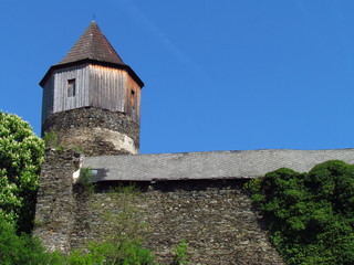 Fototapeta na wymiar Medieval gothic castle on a rock, tower and main building, Czech republic, Rataje nad Sazavou