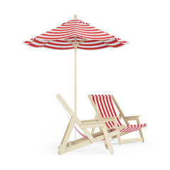 Chaise lounge with umbrella on white background. 3D rendering.