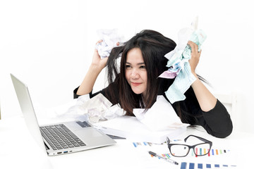 Young asian businesswoman with tons of work documents, busy and lot of work concept