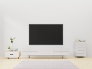 Led TV on white wall with wooden cabinet and plant in pot,3D rendering