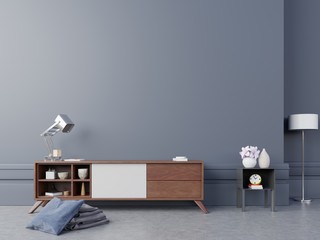 Tv cabinet in modern empty room have lamp,flower,book and other on floor wooden, 3d rendering
