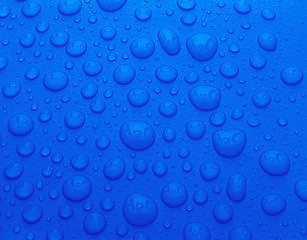 BLUE WATER DROPS ON BLUE BACKGROUND REFLECTING THE CHEMICAL SYMBOL H20