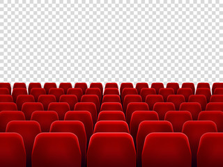 Seats at empty movie hall or seat chair for film screening room. Isolated red armchairs for cinema, theater or opera vector background