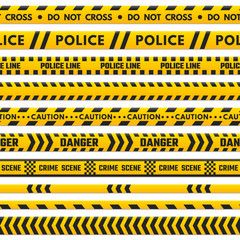 Police black and yellow line do not cross. Barricade boundary isolated by danger tape. Crime scene barrier stripes vector set
