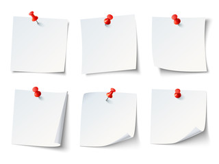 White paper notes on red thumbtack. Top view note sticker with pins vector set