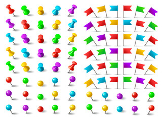 Colors pushpin, pinned flag, and thumbtack. Push pins for pushing on map board isolated vector set