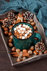 Fototapeta na wymiar Cup of creamy hot chocolate with melted marshmallows