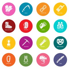 Speleology equipment icons set colorful circles vector