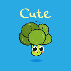 vector funny cartoon cute green smiling broccoli character isolated on blue background. healthy food vector concept. vegetable funky character. vegan food