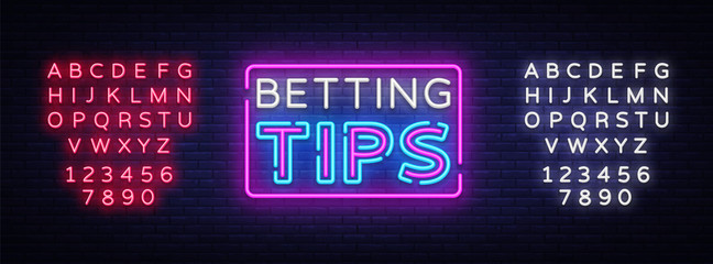 Betting Tips vector. Bet Tips neon sign. Bright night signboard on gambling, betting. Light banner, design element. Editing text neon sign