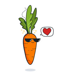 Illustration cartoon funny carrot icon with black sunglasses isolated, vegan concept, carrot love