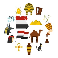 Egypt travel items icons set in flat style