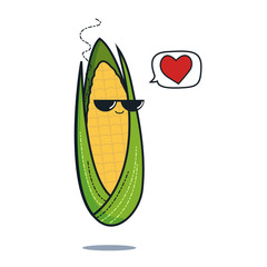 Illustration cartoon funny corn icon with black sunglasses isolated, vegan concept, corn love