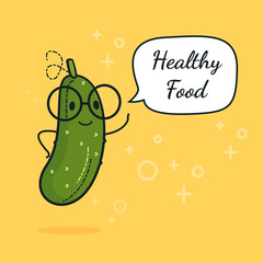 Cucumber with speech bubble. Balloon sticker. Cool vegetable. Vector illustration. Cucumber clever nerd character. Healthy food concept. Smart vegan diet poster