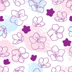 Vector seamless pattern with outline Saintpaulia or African violet flower in pastel pink and purple colors on the white background. Floral pattern with Viola in contour style for summer design.