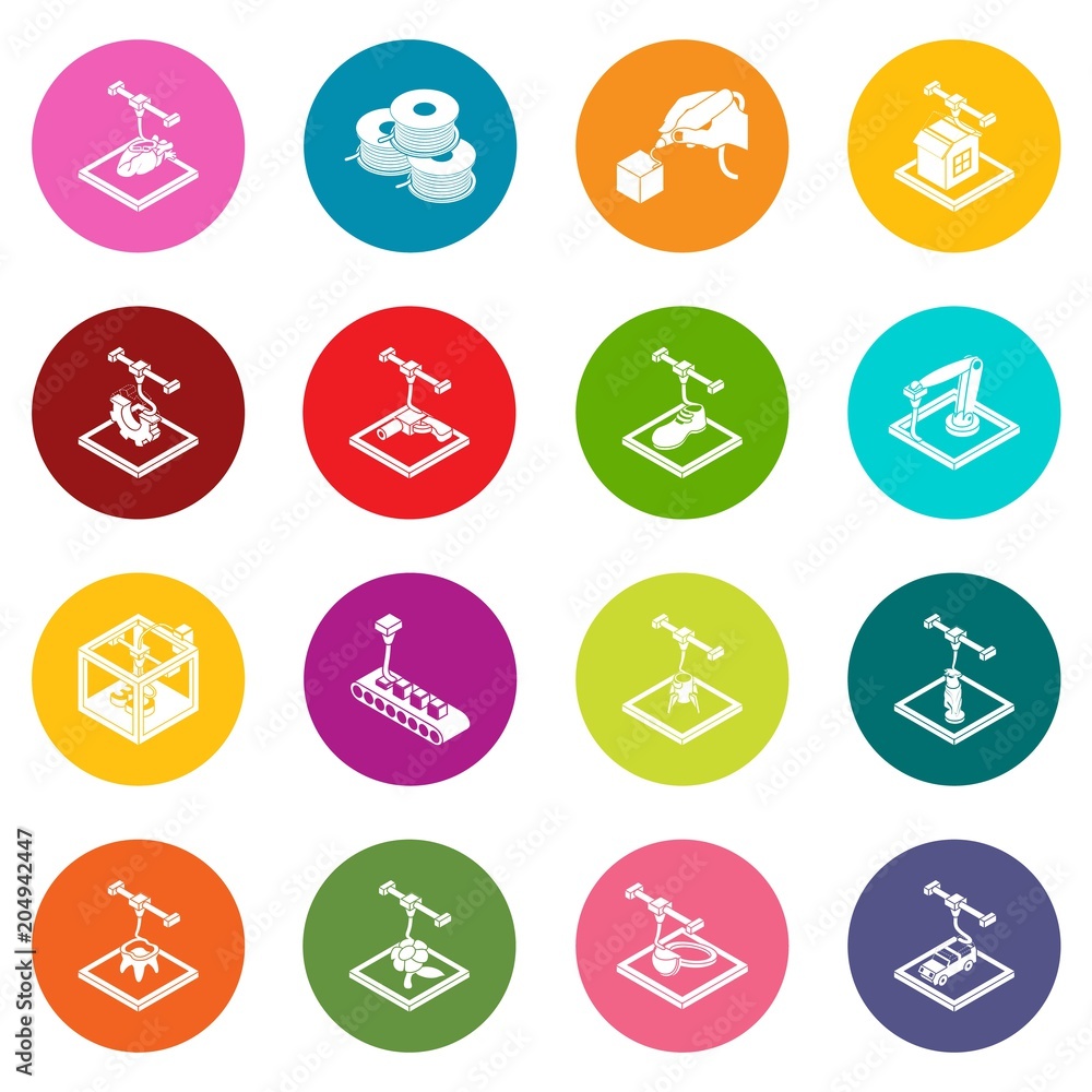 Poster 3d printing icons set colorful circles vector