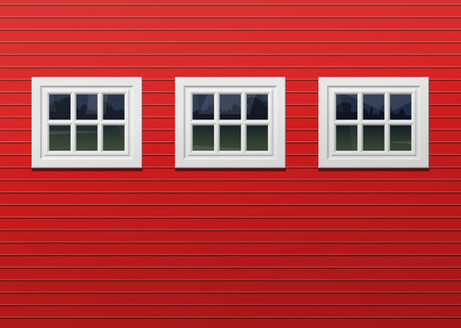 red barn facade with three windows