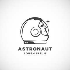 Astronaut Abstract Vector Sign, Emblem, Icon or Logo Template. Face in a Space Suit Helmet Silhouette Looking at the Star. © createvil