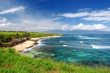 Fototapeta na wymiar Famous Hookipa beach, popular surfing spot filled with a white sand beach, picnic areas and pavilions. Maui, Hawaii
