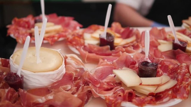 Lisbon, Portugal April 29: Tasting of cheese and jamon in the market of Lisbon