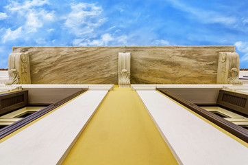 Plaka, Athens / Greece. Looking up into the sky below a house in Plaka neighborhood. Sunny day,...