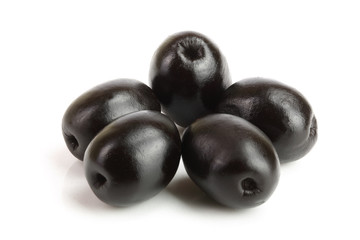 whole black olives isolated on white background macro
