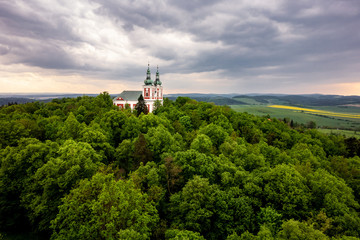 The baroque church  on a Cvilin hill in Krnov in stormy weather