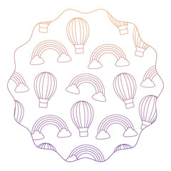 circular frame with rainbow and hot air balloons pattern over white background, vector illustration