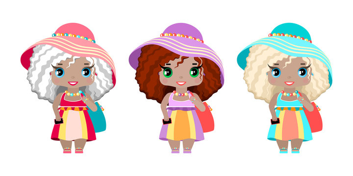three girls in summer beach dresses, sundresses, hats, beach bags, clogs and a phone. Three images of different colors