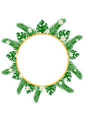 Circular banner with green tropical leaves and flowers