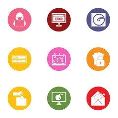 Cyber mistake icons set, flat style