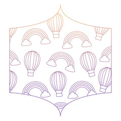 decorative frame with rainbow and hot air balloons pattern over white background, vector illustration