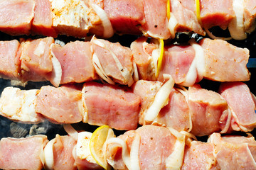 pieces of raw shish kebab meat on skewer with onion and lemon