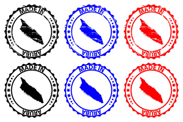 Made in Aruba - rubber stamp - vector, Aruba map pattern - black, blue and red