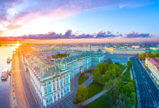 Panorama of Petersburg. The Palace Embankment. Hermitage. Museums of Petersburg. Panorama of Russian cities. Sunny day in St. Petersburg. Embankments in St. Petersburg.