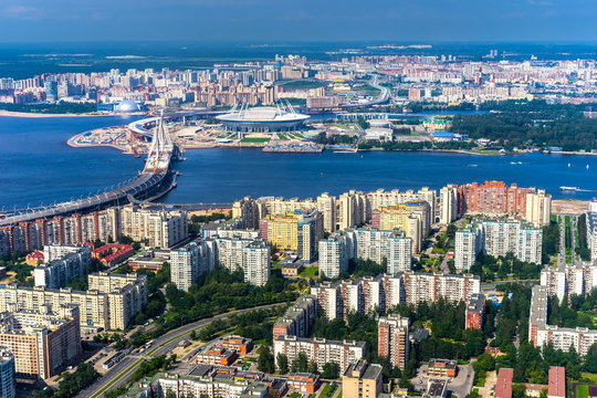 Saint Petersburg. Russia. Krestovsky Island. Vasilievsky Island. Construction of the district road in St. Petersburg. Football stadium in St. Petersburg.