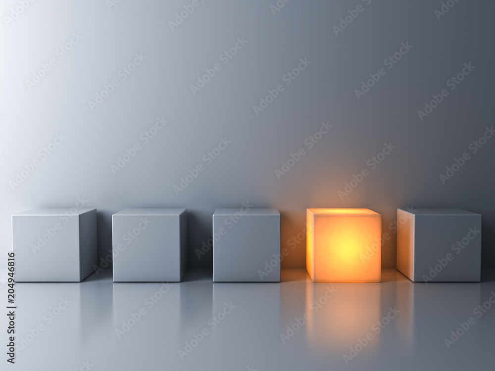 Fototapete Stand out from the crowd and think different concepts , One glowing box or cube standing among white dim cubes on dark white background with reflections and shadows . 3D rendering.