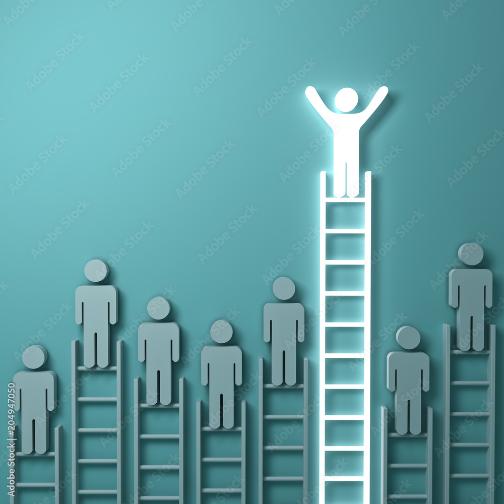 Fototapete Stand out from the crowd and think different concepts , One light man standing with arms wide open on top of the longest ladder above other dim people on light green background . 3D rendering.