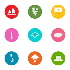 Tropical asia icons set, flat style