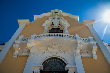 Classic European architecture. Close up historical building facade with architectural decorations in Lisbon
