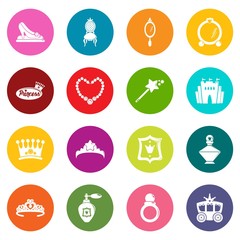 Princess doll icons set colorful circles vector