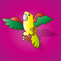 Colorful parrot in flight, cartoon on purple background,
