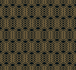Seamless pattern of intersecting thin gold lines on black background. Abstract seamless ornament.