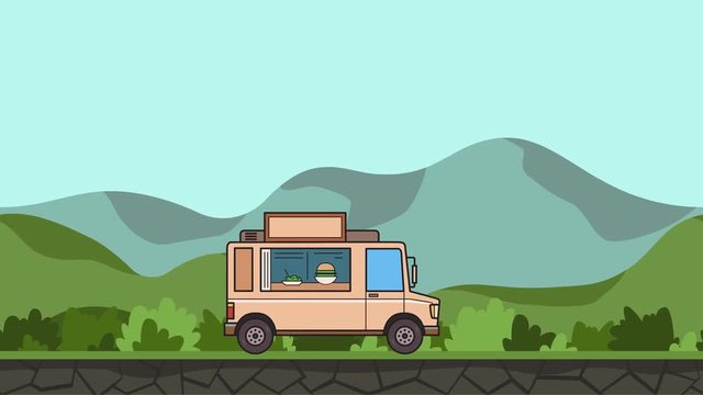Animated food truck riding through green valley. Moving vehicle on rural landscape background. Flat animation
