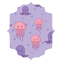 arabic frame with cute jellyfish and octopus pattern over white background, colorful design. vector illustration