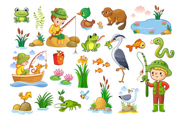 Fototapeta premium Vector set on a forest children theme. An animal pond. Children are fishing. Collection of vector illustration.