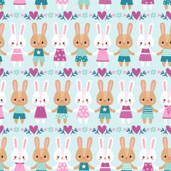 Vector seamless illustration with rabbits in a children's style. Hares hold on to the hand. Cute animals in cartoon style.