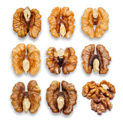 Set of shelled Walnut peeled isolated on white