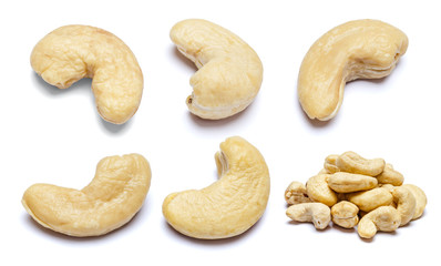 Set of Roasted cashew nuts isolated on white