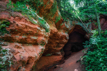 Entrance to dark cave in rock in forest